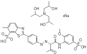 CAS # 85392-18-3, 1,1',1''-Nitrilotris-2-propanol compd. with 2-[4-[[1-[[(2-methoxy-5-sulfophenyl)amino]carbonyl]-2-oxopropyl]azo]phenyl]-6-methyl-7-benzothiazolesulfonic acid sodium salt