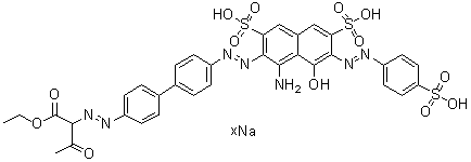 2-[[4'-[[1-Amino-8-hydroxy-3,6-disulfo-7-[(4-sulfophenyl)azo]-2-naphthalenyl]azo][1,1'-biphenyl]-4-yl]azo]-3-oxobutanoic acid 1-ethyl ester sodium salt molecular structure (CAS 85750-01-2)
