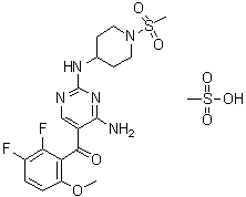 CAS 登录号：869369-26-6, N-[4-氨基-5-(2,3-二氟-6-甲氧基苯甲酰基)-2-嘧啶基]-1-(甲基磺酰基)-4-哌啶胺单甲烷磺酸盐