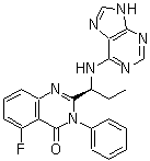 structure of CAS# 870281-82-6, 5-Fluoro-3-phenyl-2-[(1S)-1-(9H-purin-6-ylamino)propyl]-4(3H)-quinazolinone