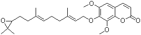 CAS 登录号：87688-13-9, (-)-Epoxyfarnachrol, (E,E)-(-)-7-[[9-(3,3-二甲基环氧乙烷基)-3,7-二甲基-2,6-壬二烯基]氧基]-6,8-二甲氧基-2H-1-苯并吡喃-2-酮