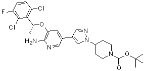 structure of CAS# 877399-51-4, 4-[4-[6-Amino-5-[[(R)-1-(2,6-dichloro-3-fluorophenyl)ethyl]oxy]pyridin-3-yl]pyrazol-1-yl]piperidine-1-carboxylic acid tert-butyl ester
