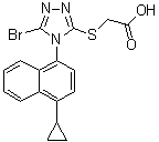 CAS # 878672-00-5, Lesinurad, 2-[[5-Bromo-4-(4-cyclopropylnaphthalen-1-yl)-4H-1,2,4-triazol-3-yl]thio]acetic acid, RDEA 594
