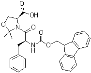 structure of CAS# 878797-01-4, (4S)-3-[(2S)-2-[[(9H-Fluoren-9-ylmethoxy)carbonyl]amino]-1-oxo-3-phenylpropyl]-2,2-dimethyl-4-oxazolidinecarboxylic acid