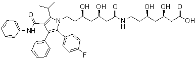structure of CAS# 887196-24-9, (3R,5R)-7-[[(3R,5R)-7-[2-(4-Fluorophenyl)-5-(1-methylethyl)-3-phenyl-4-[(phenylamino)carbonyl]-1H-pyrrol-1-yl]-3,5-dihydroxy-1-oxoheptyl]amino]-3,5-dihydroxyheptanoic acid