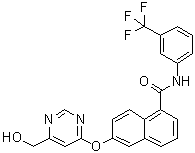 structure of CAS# 890128-81-1, 6-[[6-(Hydroxymethyl)-4-pyrimidinyl]oxy]-N-[3-(trifluoromethyl)phenyl]-1-naphthalenecarboxamide