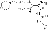 structure of CAS# 896466-04-9, 1-环丙基-3-(3-(5-(吗啉甲基)-1H-苯并[d]咪唑-2-基)-1H-吡唑-4-基)脲