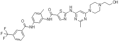 structure of CAS# 903564-48-7, 2-[[6-[4-(2-Hydroxyethyl)-1-piperazinyl]-2-methyl-4-pyrimidinyl]amino]-N-[2-methyl-5-[[3-(trifluoromethyl)benzoyl]amino]phenyl]-5-thiazolecarboxamide