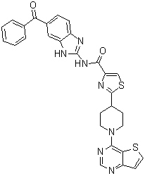 structure of CAS# 913822-46-5, N-(6-Benzoyl-1H-benzimidazol-2-yl)-2-(1-thieno[3,2-d]pyrimidin-4-yl-4-piperidinyl)-4-thiazolecarboxamide