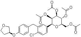 structure of CAS# 915095-99-7, (1S)-1,5-Anhydro-1-C-[4-chloro-3-[[4-[[(3S)-tetrahydro-3-furanyl]oxy]phenyl]methyl]phenyl]-D-glucitol tetraacetate