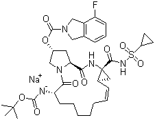 CAS # 916826-48-7, Danoprevir sodium salt, 4-Fluoro-1,3-dihydro-2H-isoindole-2-carboxylic acid (2R,6S,12Z,13aS,14aR,16aS)-14a-[[(cyclopropylsulfonyl)amino]carbonyl]-6-[[(1,1-dimethylethoxy)carbonyl]amino]-1,2,3,5,6,7,8,9,10,11,13a,14,14a,15,16,16a-hexadecahydro-5,16-dioxocyclopropa[e]pyrrolo[1,2-a][1,4]diazacyclopentadecin-2-yl ester sodium salt