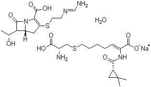 CAS # 92309-29-0, Imipenem-Cilastatin sodium hydrate, Sodium (Z)-7-[(2R)-2-amino-3-hydroxy-3-oxopropyl]sulfanyl-2-[[(1S)-2,2-dimethylcyclopropanecarbonyl]amino]hept-2-enoate (5R,6S)-3-[2-(aminomethylideneamino)ethylsulfanyl]-6-(1-hydroxyethyl)-7-oxo-1-azabicyclo[3.2.0]hept-2-ene-2-carboxylic acid hydrate