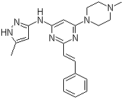 structure of CAS# 934353-76-1, 6-(4-甲基-1-哌嗪基)-N-(5-甲基-1H-吡唑-3-基)-2-[(1E)-2-苯乙烯基]-4-嘧啶胺