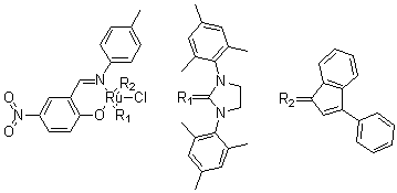 [1,3-双(2,4,6-三甲基苯基)-2-咪唑烷亚基][2-[[(4-甲基苯基)亚氨基]甲基]-4-硝基苯酚](3-苯基-1H-茚-1-亚基)氯化钌分子结构 (CAS 934538-04-2)