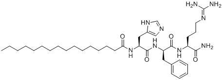 CAS # 936544-53-5, Palmitoyl tripeptide-8, N-[(2S)-1-[[(2R)-1-[[(2S)-1-amino-5-(diaminomethylideneamino)-1-oxopentan-2-yl]amino]-1-oxo-3-phenylpropan-2-yl]amino]-3-(1H-imidazol-5-yl)-1-oxopropan-2-yl]hexadecanamide