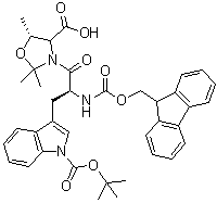structure of CAS# 936707-21-0, (5R)-3-[(2S)-3-[1-[(1,1-Dimethylethoxy)carbonyl]-1H-indol-3-yl]-2-[[(9H-fluoren-9-ylmethoxy)carbonyl]amino]-1-oxopropyl]-2,2,5-trimethyl-4-oxazolidinecarboxylic acid