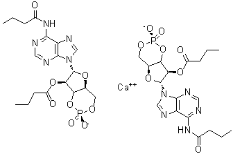 CAS 登录号：938448-87-4, N-(1-氧代丁基)-腺苷环 3',5'-(磷酸氢酯) 2'-丁酸酯钙盐 (2:1)