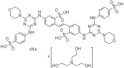 CAS # 93917-97-6, 2,2'-(1,2-Ethenediyl)bis[5-[[4-(4-morpholinyl)-6-[(4-sulfophenyl)amino]-1,3,5-triazin-2-yl]amino]benzenesulfonic acid sodium salt compd. with 2,2',2''-nitrilotris[ethanol]