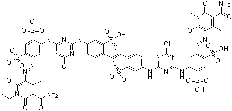 CAS # 93942-67-7, 4,4'-[1,2-Ethenediylbis[(3-sulfo-4,1-phenylene)imino(6-chloro-1,3,5-triazine-4,2-diyl)imino]]bis[6-[[5-(aminocarbonyl)-1-ethyl-1,6-dihydro-2-hydroxy-4-methyl-6-oxo-3-pyridinyl]azo]-1,3-benzenedisulfonic acid