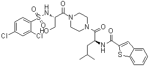structure of CAS# 942206-85-1, N-[(1S)-1-[[4-[(2S)-2-[[(2,4-Dichlorophenyl)sulfonyl]amino]-3-hydroxypropanoyl]-1-piperazinyl]carbonyl]-3-methylbutyl]-1-benzothiophene-2-carboxamide