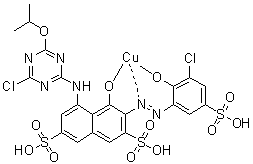 CAS # 94276-46-7, 3-[(3-Chloro-2-hydroxy-5-sulfophenyl)azo]-5-[[4-chloro-6-(1-methylethoxy)-1,3,5-triazin-2-yl]amino]-4-hydroxy-2,7-naphthalenedisulfonic acid copper complex