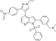 structure of CAS# 942920-68-5, 3-[4-[1-Ethyl-3-(4-nitrophenyl)-1H-pyrazol-4-yl]-1-(phenylsulfonyl)-1H-pyrrolo[2,3-b]pyridin-2-yl]-N,N-dimethylbenzenemethanamine
