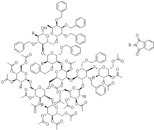 CAS 登录号：946164-28-9, O-3,4,6-三-O-乙酰基-2-脱氧-2-(1,3-二氢-1,3-二氧代-2H-异吲哚-2-基)-beta-D-吡喃葡萄糖基-(1→2)-O-[3,4,6-三-O-乙酰基-2-脱氧-2-(1,3-二氢-1,3-二氧代-2H-异吲哚-2-基)-beta-D-吡喃葡萄糖基-(1→4)]-O-3,6-二-O-(苯基甲基)-alpha-D-甘露糖基-(1→3)-O-[O-3,4,6-三-O-乙酰基-2-脱氧-2-(1,3-二氢-1,3-二氧代-2H-异吲哚-2-基)-beta-D-吡喃葡萄糖基-(1→2)-O-[3,4,6-三-O-乙酰基-2-脱氧-2-(1,3-二氢-1,3-二氧代-2H-异吲哚-2-基)-beta-D-吡喃葡萄糖基-(1→6)]-3,4-二-O-乙酰基-alpha-D-甘露糖基-(1→6)]-O-2,4-二-O-乙酰基-beta-D-甘露糖基-(1→4)-O-2-脱氧-2-(1,3-二氢-1,3-二氧代-2H-异吲哚-2-基)-3,6-二-O-(苯基甲基)-beta-D-吡喃葡萄糖基-(1→4)-O-[6-脱氧-2,3,4-三-O-(苯基甲基)-alpha-L-吡喃半乳糖基-(1→6)]-2-脱氧-2-(1,3-二氢-1,3-二氧代-2H-异吲哚-2-基)-3-O-(苯基甲基)-beta-D-吡喃葡萄糖