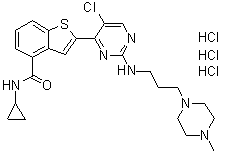 structure of CAS# 946518-60-1, 2-[5-Chloro-2-[[3-(4-methyl-1-piperazinyl)propyl]amino]-4-pyrimidinyl]-N-cyclopropylbenzo[b]thiophene-4-carboxamide trihydrochloride