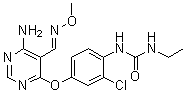 structure of CAS# 951151-97-6, N-[4-[[6-Amino-5-[(methoxyimino)methyl]-4-pyrimidinyl]oxy]-2-chlorophenyl]-N'-ethylurea