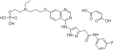 structure of CAS# 957104-91-5, 5-[[7-[3-[乙基[2-(磷酰氧基)乙基]氨基]丙氧基]-4-喹唑啉基]氨基]-N-(3-氟苯基)-1H-吡唑-3-乙酰胺马来酸盐