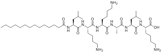 CAS # 959610-54-9, Myristoyl Hexapeptide-16, (2S)-6-amino-2-[[(2S)-2-[[(2S)-2-[[(2S)-6-amino-2-[[(2S)-6-amino-2-[[(2S)-4-methyl-2-(tetradecanoylamino)pentanoyl]amino]hexanoyl]amino]hexanoyl]amino]propanoyl]amino]-4-methylpentanoyl]amino]hexanoic acid