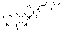 CAS # 96648-59-8, Decuroside V, (2R,3R)-2-[1-(beta-D-Glucopyranosyloxy)-1-methylethyl]-2,3-dihydro-3-hydroxy-7H-furo[3,2-g][1]benzopyran-7-one