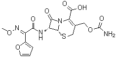 CAS # 97232-97-8, (6R,7R)-3-[[(Aminocarbonyl)oxy]methyl]-7-[[(2E)-2-(2-furanyl)-2-(methoxyimino)acetyl]amino]-8-oxo-5-thia-1-azabicyclo[4.2.0]oct-2-ene-2-carboxylic acid