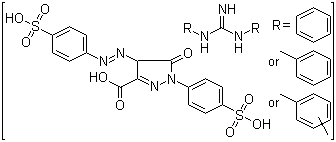 CAS 登录号：97392-94-4, 4,5-二氢-5-氧代-1-(4-磺苯基)-4-[(4-磺苯基)偶氮]-1H-吡唑-3-羧酸与 N,N'-双(混合苯基,甲苯基和二甲苯基)胍的反应产物