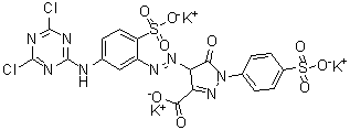 4-[[5-[(4,6-Dichloro-1,3,5-triazin-2-yl)amino]-2-sulfophenyl]azo]-4,5-dihydro-5-oxo-1-(4-sulfophenyl)-1H-pyrazole-3-carboxylic acid tripotassium salt molecular structure (CAS 97404-00-7)